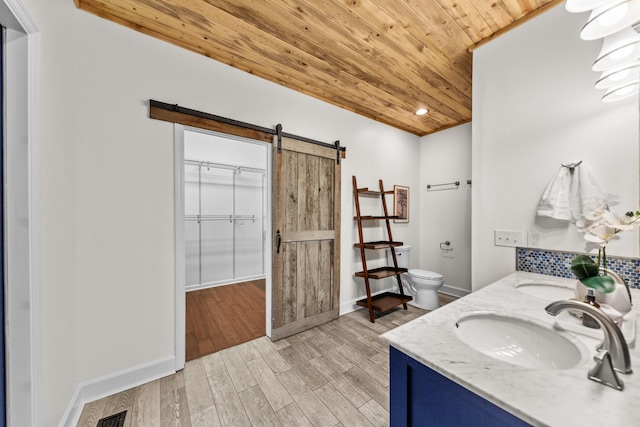 full bath featuring visible vents, toilet, a sink, wood finished floors, and wooden ceiling