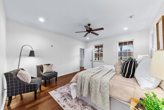 bedroom featuring a ceiling fan, recessed lighting, dark wood finished floors, and baseboards