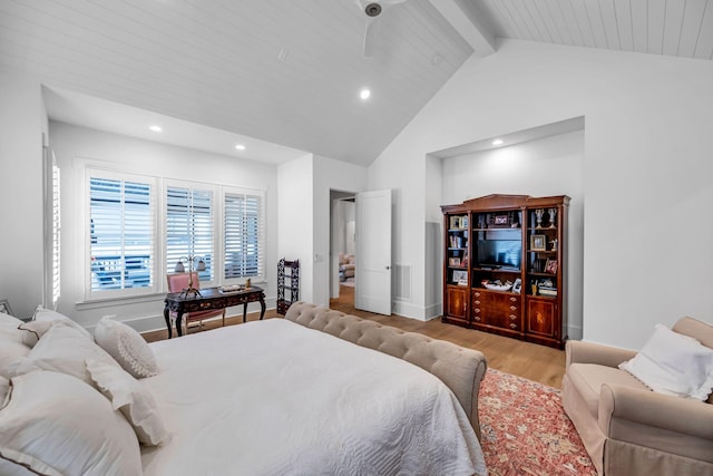 bedroom featuring high vaulted ceiling, recessed lighting, visible vents, light wood-style floors, and beam ceiling