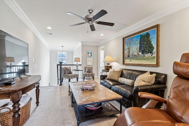 living room with recessed lighting, visible vents, ornamental molding, light carpet, and ceiling fan