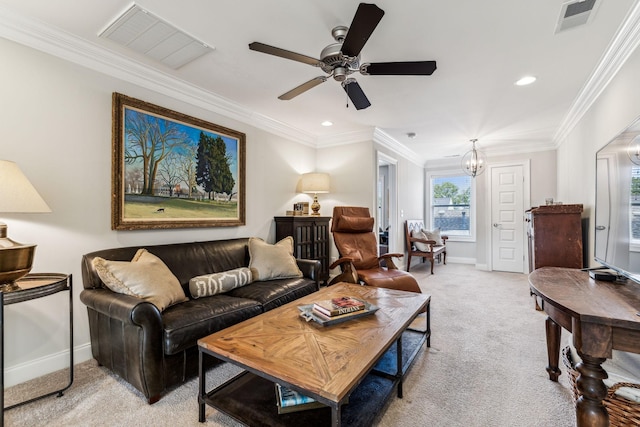 living room with baseboards, visible vents, ornamental molding, and light colored carpet