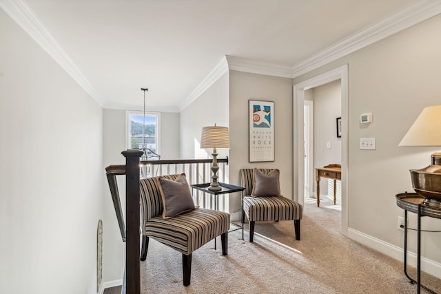 living area with light carpet, crown molding, and baseboards