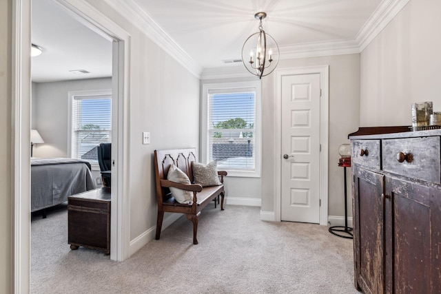 living area with light carpet, a healthy amount of sunlight, baseboards, and crown molding