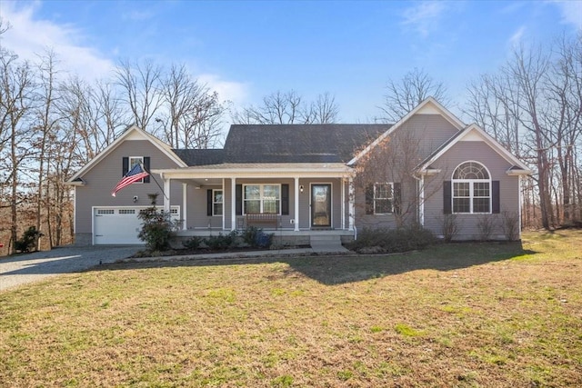 view of front of property featuring a garage, driveway, a porch, and a front lawn