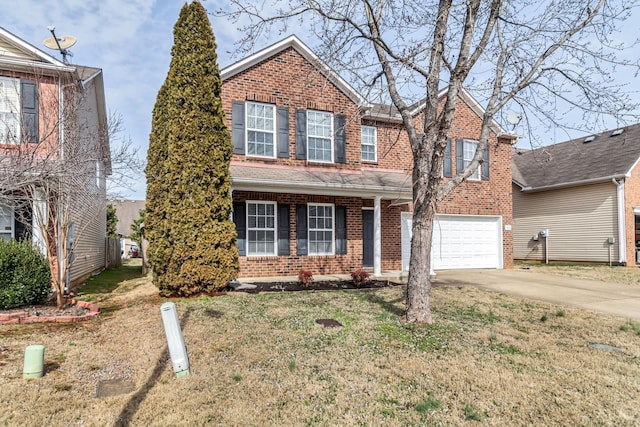 traditional-style house with driveway, a garage, a front lawn, and brick siding