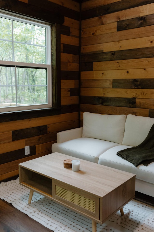 sitting room featuring wood walls and wood finished floors