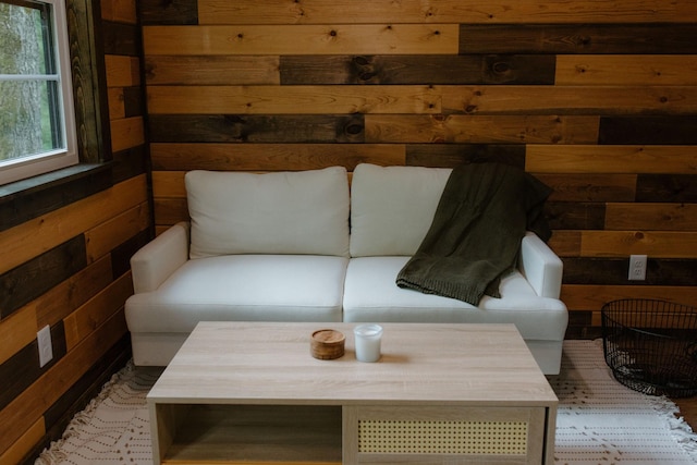 interior space featuring wooden walls