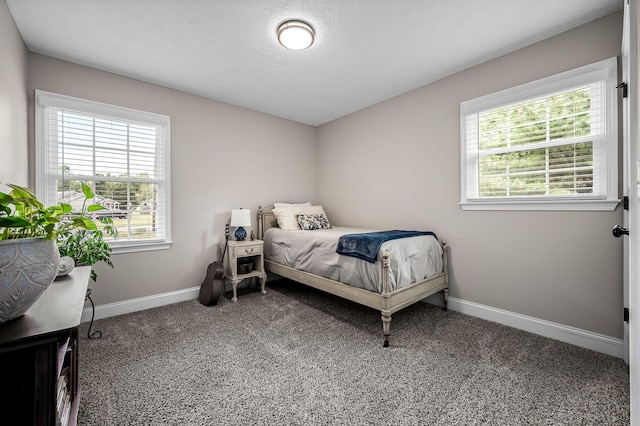 bedroom featuring carpet floors, baseboards, and a textured ceiling