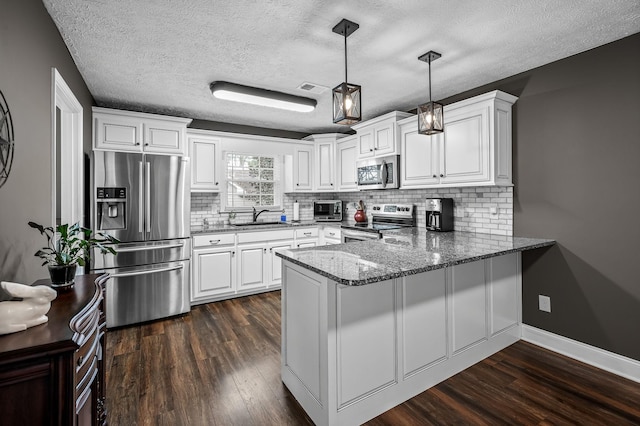 kitchen featuring dark wood-style floors, a peninsula, appliances with stainless steel finishes, and a sink