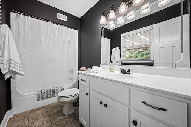 bathroom with shower / bath combination with curtain, visible vents, toilet, vanity, and a textured ceiling