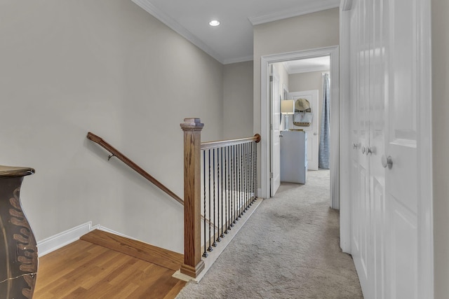 2112 Acklen Ave Unit 201, Nashville, TN 37212 - hall with light carpet, baseboards, ornamental molding, an upstairs landing, and recessed lighting