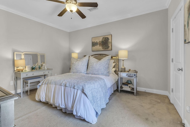 2112 Acklen Ave Unit 201, Nashville, TN 37212 - bedroom with ceiling fan, light colored carpet, visible vents, baseboards, and ornamental molding