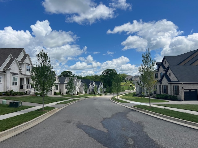 view of street featuring sidewalks, curbs, and a residential view