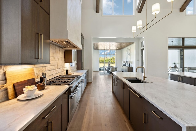 kitchen with dark brown cabinetry, tasteful backsplash, wood-type flooring, custom exhaust hood, and a sink