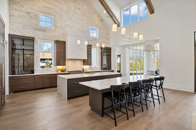 kitchen with light wood-style floors, a large island with sink, decorative backsplash, and a sink