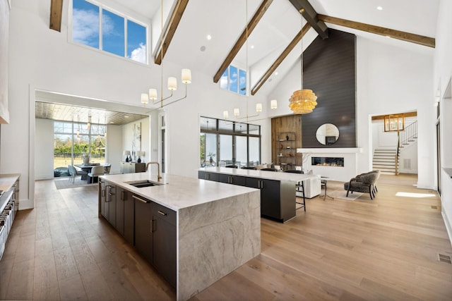 kitchen featuring open floor plan, a large fireplace, a sink, an island with sink, and light wood-type flooring