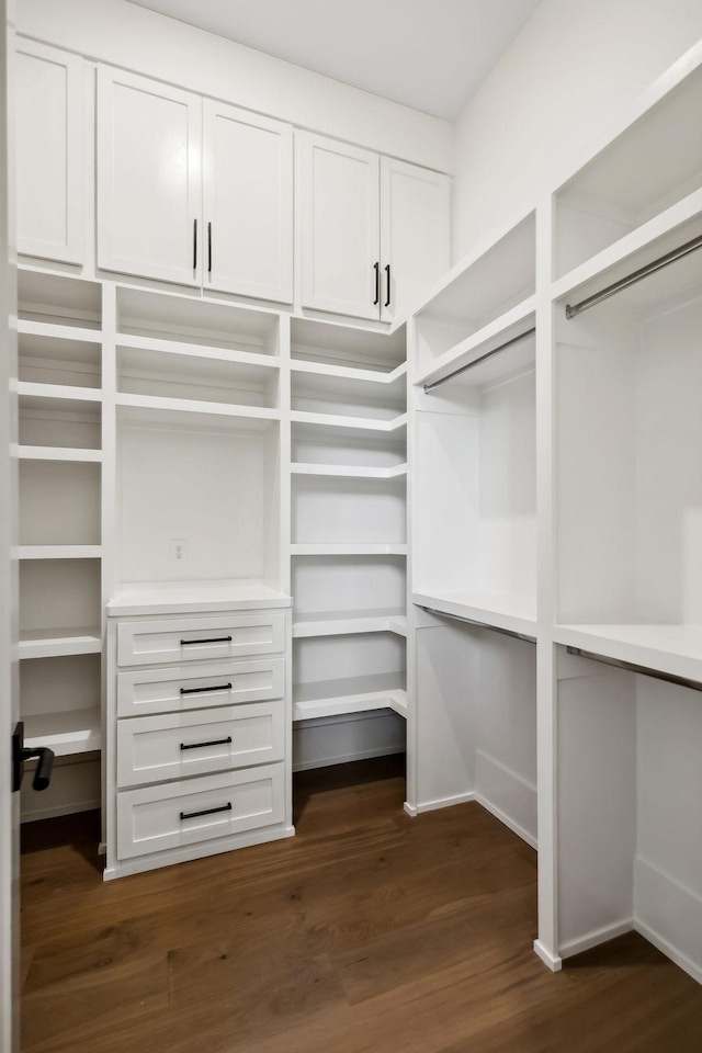 spacious closet with dark wood-style flooring