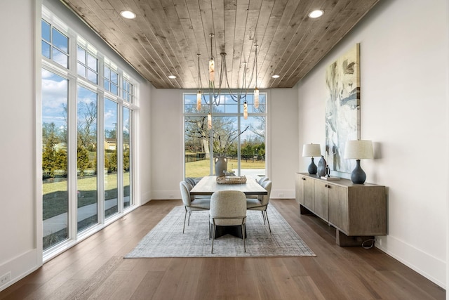 dining room featuring dark wood-style floors, wood ceiling, and a healthy amount of sunlight