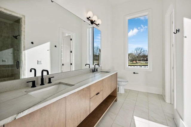 bathroom with double vanity, a stall shower, a sink, and toilet