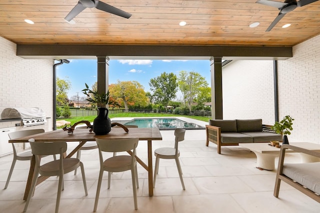 view of patio featuring a fenced in pool, a fenced backyard, a grill, and ceiling fan