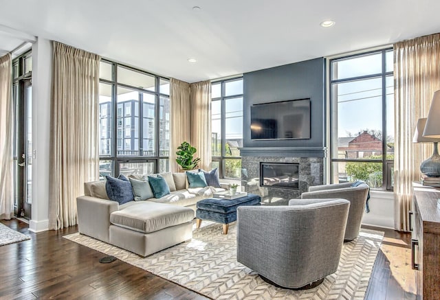 living area with expansive windows, baseboards, a premium fireplace, and wood finished floors