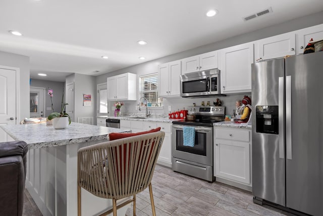 kitchen with appliances with stainless steel finishes, a sink, visible vents, and white cabinetry