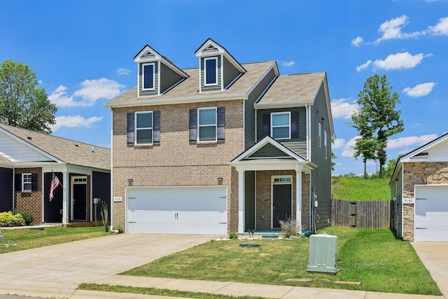 view of front of home featuring an attached garage, brick siding, fence, concrete driveway, and a front lawn