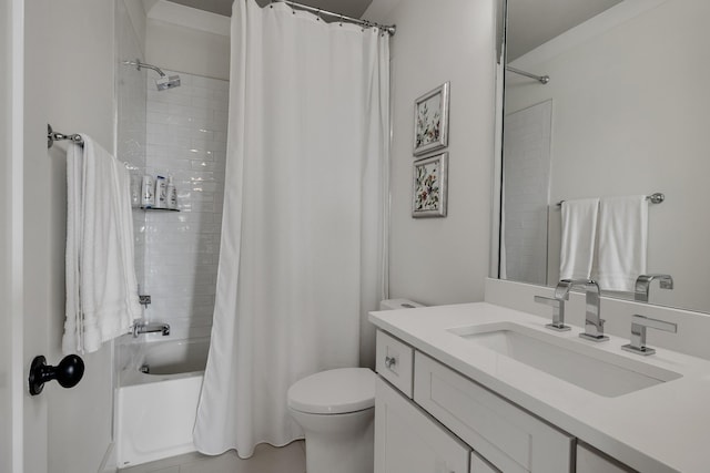 full bathroom featuring toilet, shower / bath combination with curtain, and vanity