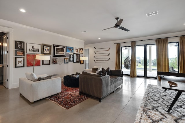 living room featuring finished concrete flooring, visible vents, a ceiling fan, french doors, and recessed lighting