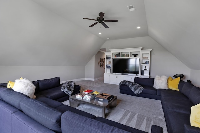 living room featuring recessed lighting, visible vents, vaulted ceiling, ceiling fan, and baseboards