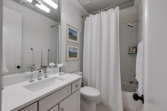 full bath with toilet, visible vents, shower / bath combo with shower curtain, and vanity