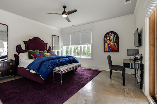 bedroom featuring a ceiling fan, finished concrete floors, baseboards, and crown molding