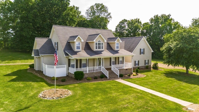 view of front facade with a shingled roof, a front yard, and covered porch