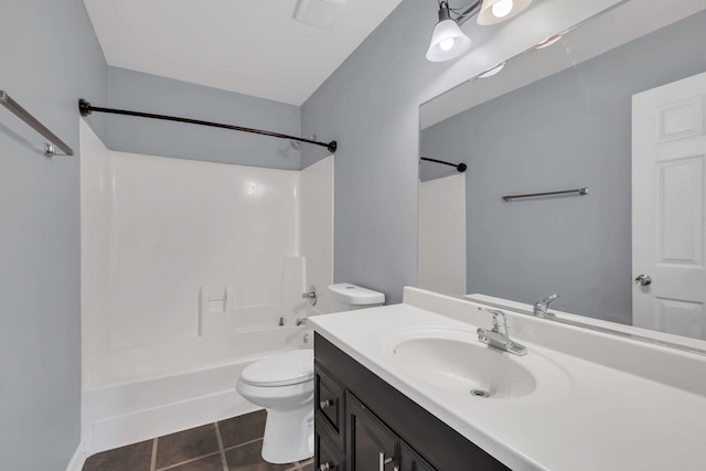 full bath with shower / tub combination, toilet, visible vents, vanity, and tile patterned floors