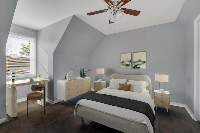 bedroom with dark wood-type flooring, vaulted ceiling, baseboards, and ceiling fan