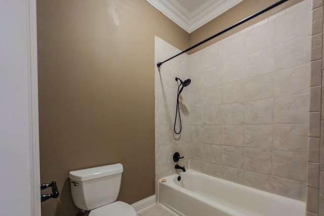 full bath featuring ornamental molding, baseboards, shower / bathing tub combination, and toilet