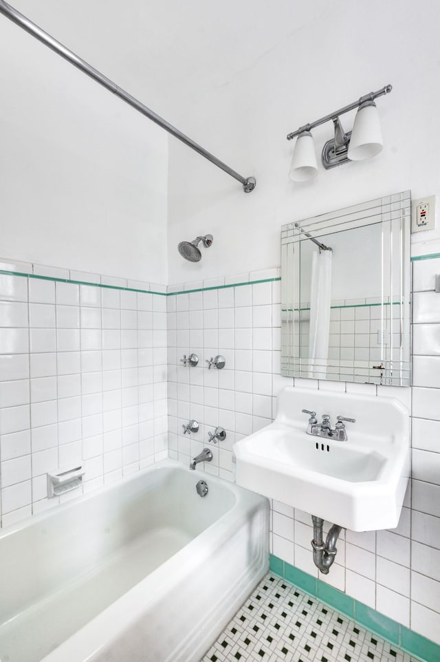 full bath with tile patterned flooring and shower / bathtub combination with curtain