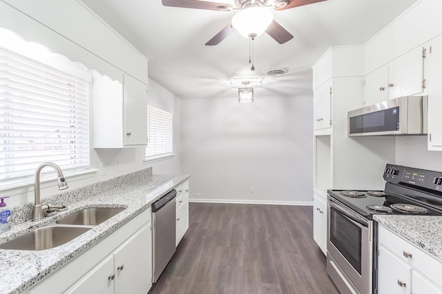 kitchen featuring a sink, visible vents, white cabinets, appliances with stainless steel finishes, and dark wood-style floors