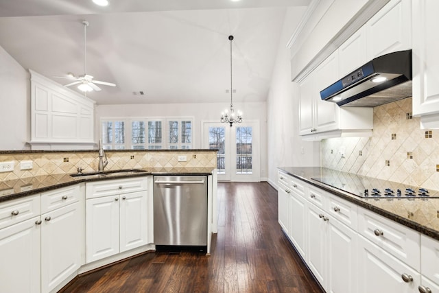 kitchen with white cabinets, dishwasher, a sink, and exhaust hood