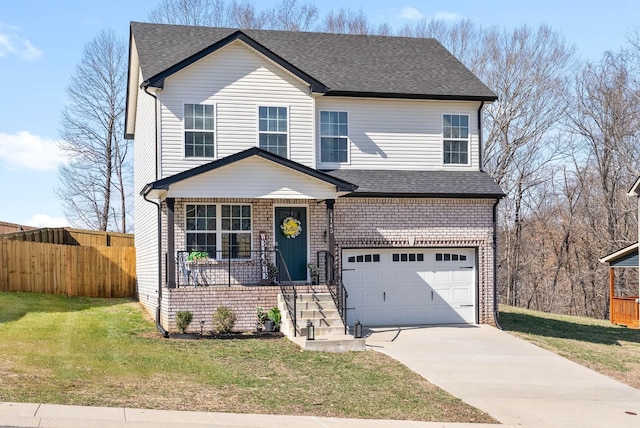 traditional-style house featuring roof with shingles, brick siding, fence, a garage, and a front lawn