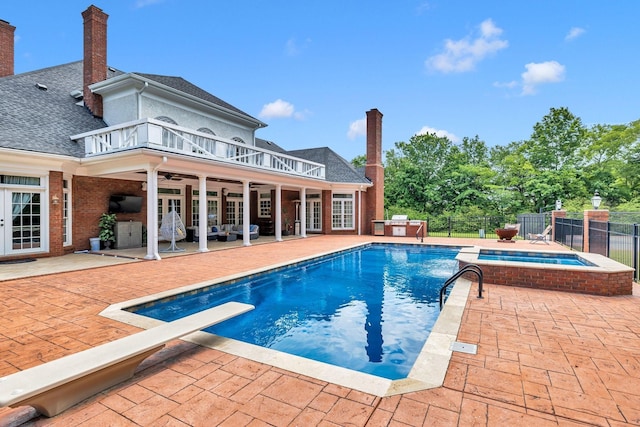 1465 New Columbia Hwy, Lewisburg, TN 37091 - view of swimming pool with an outdoor living space, fence, french doors, an in ground hot tub, and ceiling fan