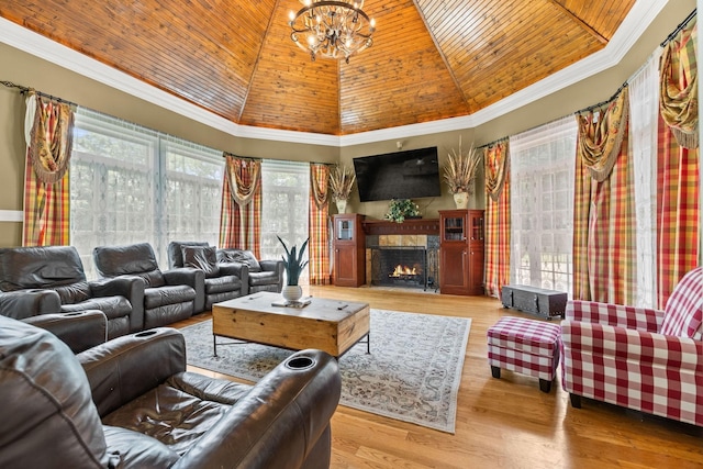 1465 New Columbia Hwy, Lewisburg, TN 37091 - living area featuring a notable chandelier, ornamental molding, wood finished floors, a high end fireplace, and wooden ceiling