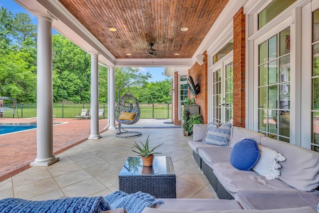 1465 New Columbia Hwy, Lewisburg, TN 37091 - view of patio with a fenced in pool, fence, french doors, an outdoor hangout area, and a ceiling fan