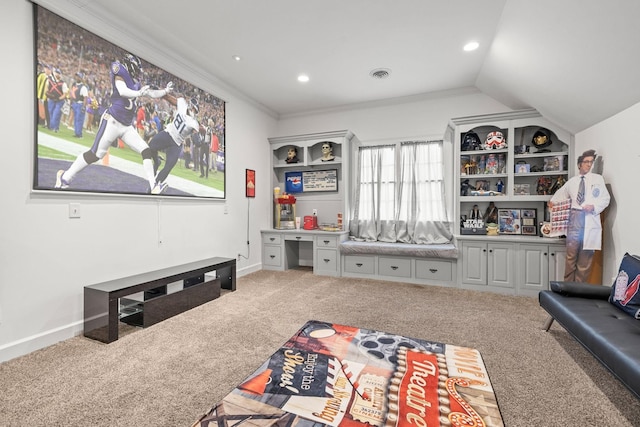 1465 New Columbia Hwy, Lewisburg, TN 37091 - game room featuring carpet, visible vents, baseboards, vaulted ceiling, and crown molding