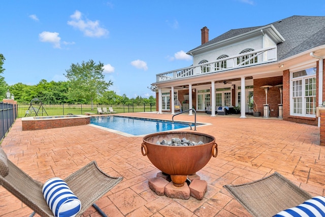 1465 New Columbia Hwy, Lewisburg, TN 37091 - view of swimming pool featuring a ceiling fan, a fenced in pool, an in ground hot tub, a fenced backyard, and french doors