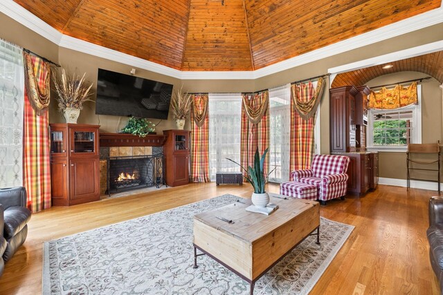 1465 New Columbia Hwy, Lewisburg, TN 37091 - living area with wood finished floors, baseboards, high vaulted ceiling, a lit fireplace, and wood ceiling