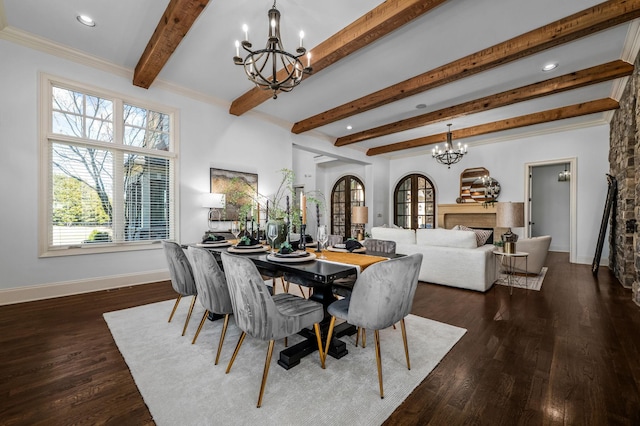 6054 Pelican Way, College Grove, TN 37046 - dining area with a chandelier, beam ceiling, dark wood finished floors, a fireplace, and recessed lighting