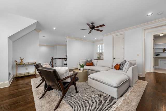 6054 Pelican Way, College Grove, TN 37046 - living area featuring crown molding, a ceiling fan, dark wood-style floors, and recessed lighting