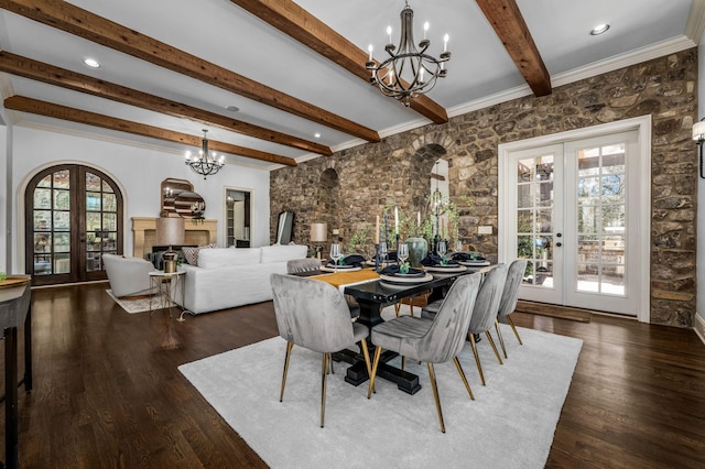 6054 Pelican Way, College Grove, TN 37046 - dining room featuring french doors, a chandelier, beamed ceiling, healthy amount of natural light, and ornamental molding