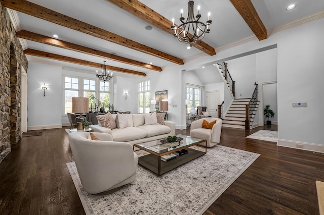6054 Pelican Way, College Grove, TN 37046 - living area with a chandelier, stairway, beam ceiling, dark wood-style floors, and recessed lighting